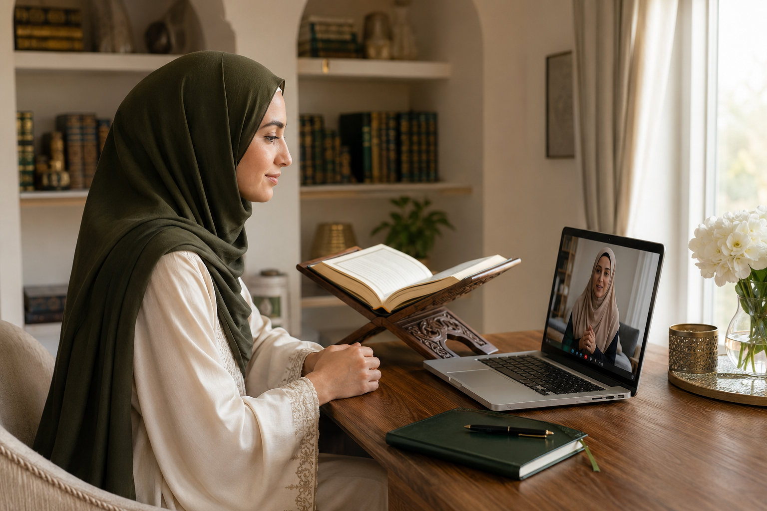 Female learner memorizing Quran in a live online lesson with a female teacher