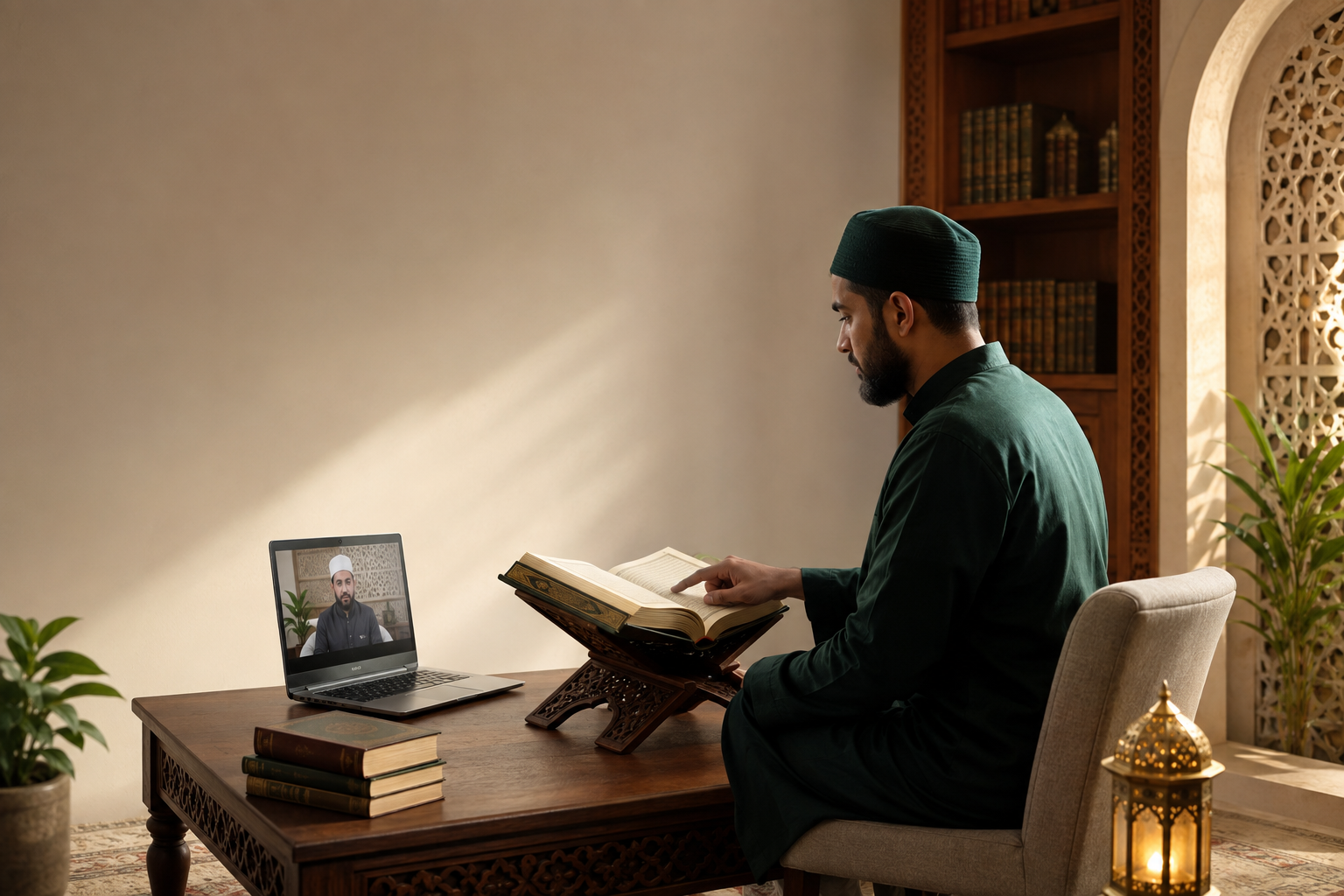 Adult learner memorizing Quran in a live online lesson with a male teacher