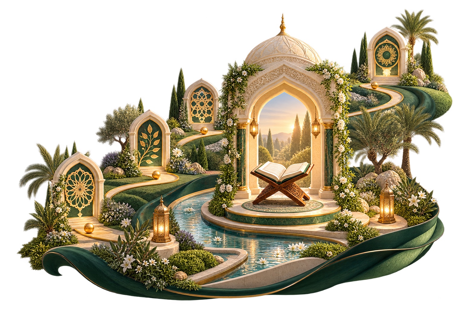 A symbolic Quran memorization garden with a winding path, open Quran and milestones